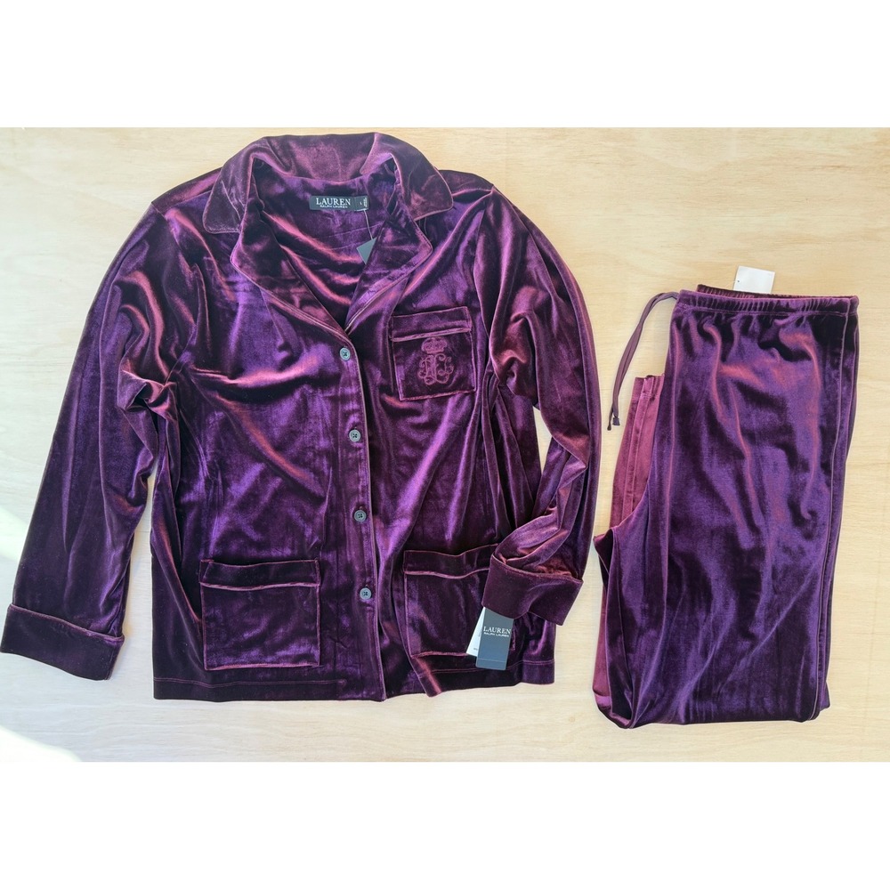 Lauren Ralph Lauren NWTWine Velvet Pajama Set Long Sleeve Button Front - L